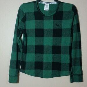 PINK Victoria's Secret Green and Black Checkered Long Sleeve Sleep Shirt